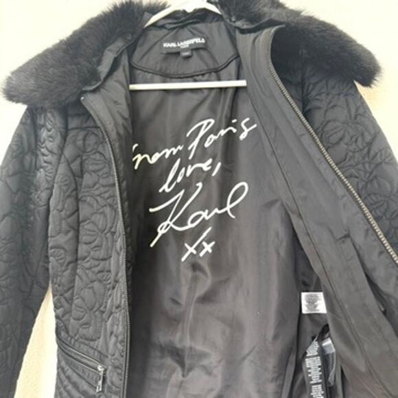 Karl Lagerfeld Paris Quilted Jacket Black Faux Fur Collar Zip Up Women’s S - Picture 3 of 9
